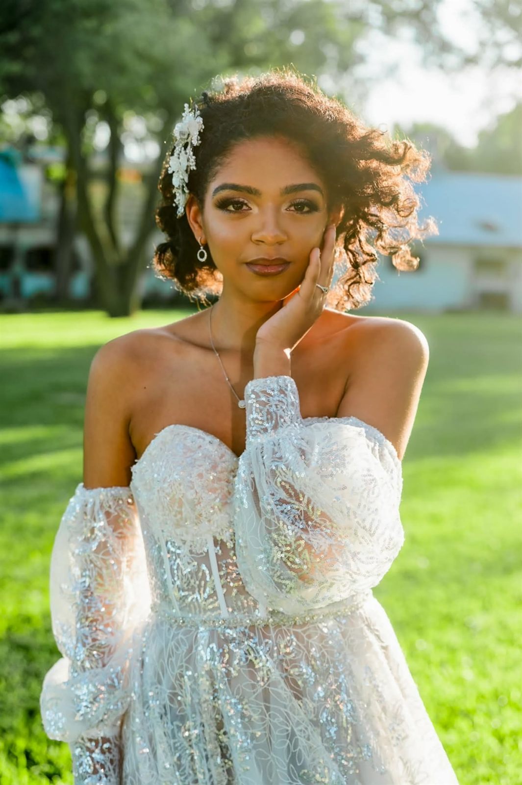 Off-shoulder sparkle bridal gown with puff sleeves
