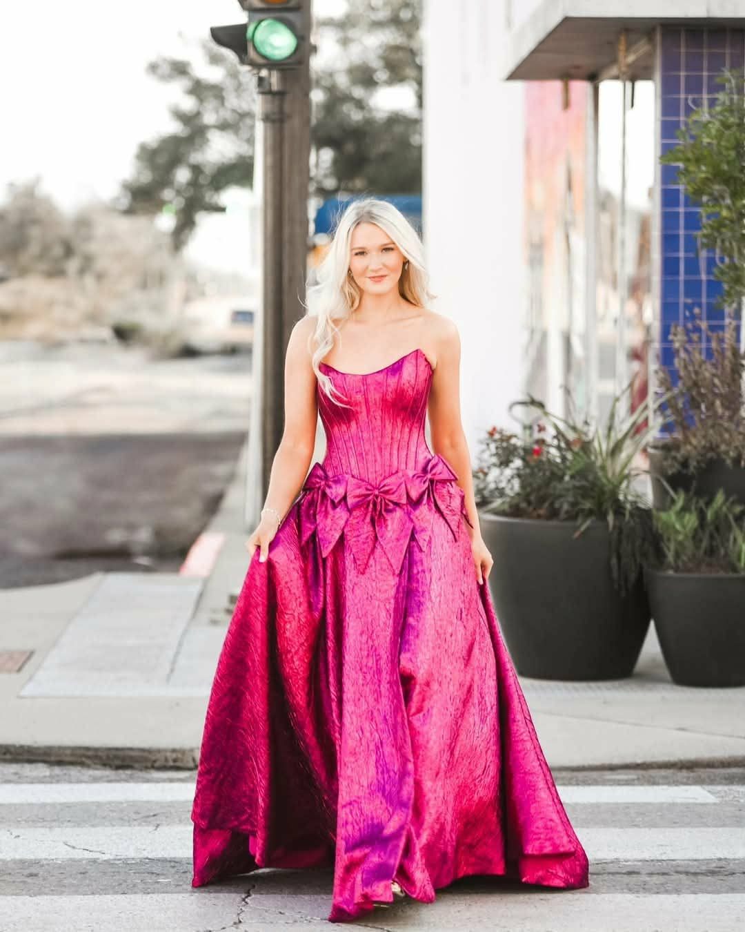 Fuchsia corset ballgown prom dress on Main Street